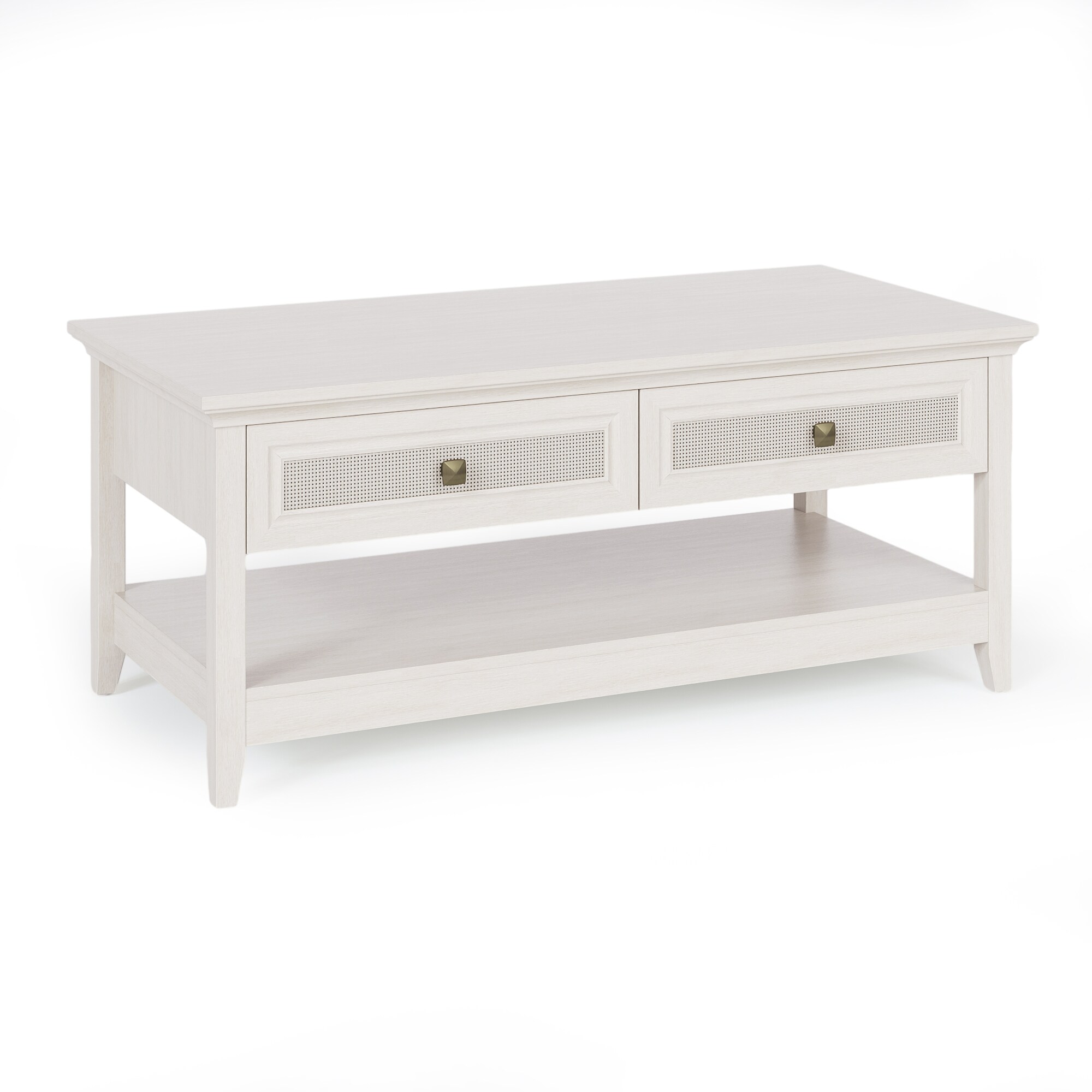Farmhouse Coffee Table, Boho Tea Table With 2 Rattan Decor Drawers, Accent Center Sofa Table With Storage Shelf, 2 Tier Coffee Table For Bedroom, Living Room, Home Office, Grayish White_voghion.com